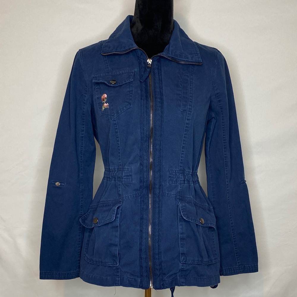 Ashley Navy Blue Floral Embroidery Parka Utility Jacket